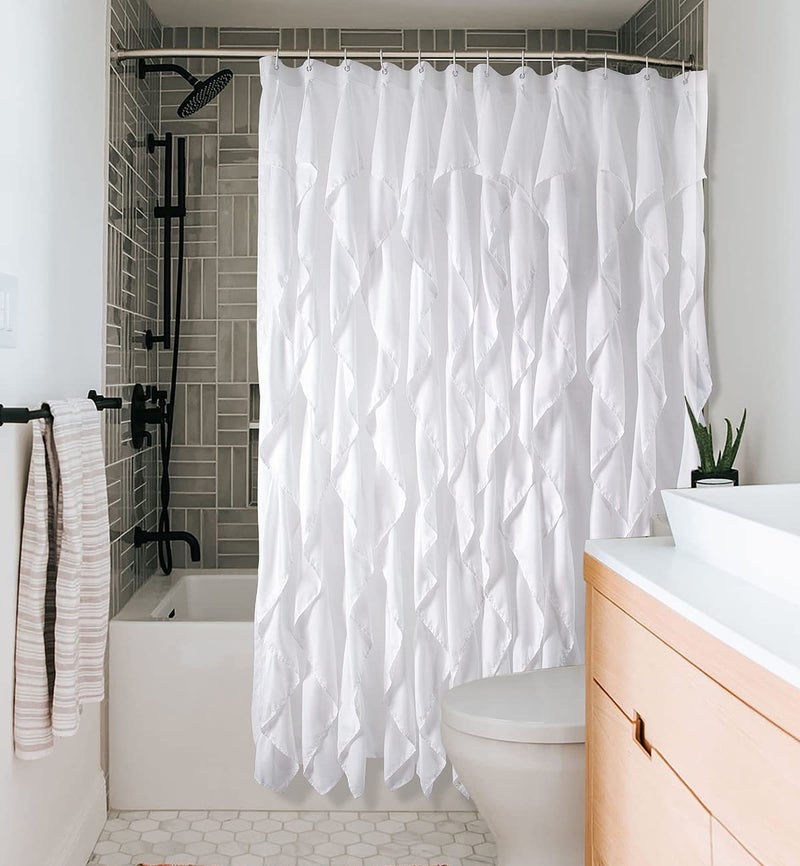 Volens White Ruffle Shower Curtain Farmhouse Fabric Cloth Curtains for Bathroom, 72x72 in Long - Image 1